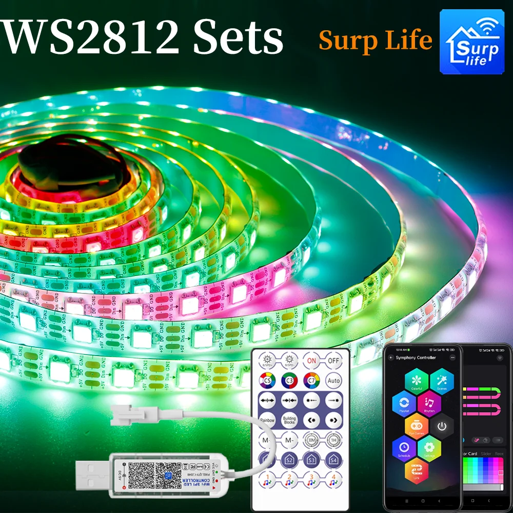

WS2812B LED individuell adressierbar strip lights Smart RGB Full color Led Streifen and 28keys WIFI Music Controller Kit USB 5V