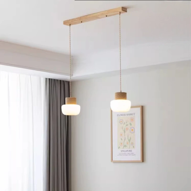 Nordic Wooden Chandelier LED Glass Lampshade Kitchen Living Room Restaurant Corridor Bar Counter