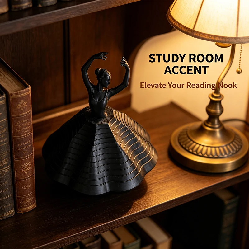 Interactive 3D Printed Ballet Dancer Bookends with Rotating Wave Base Artistic Decorations