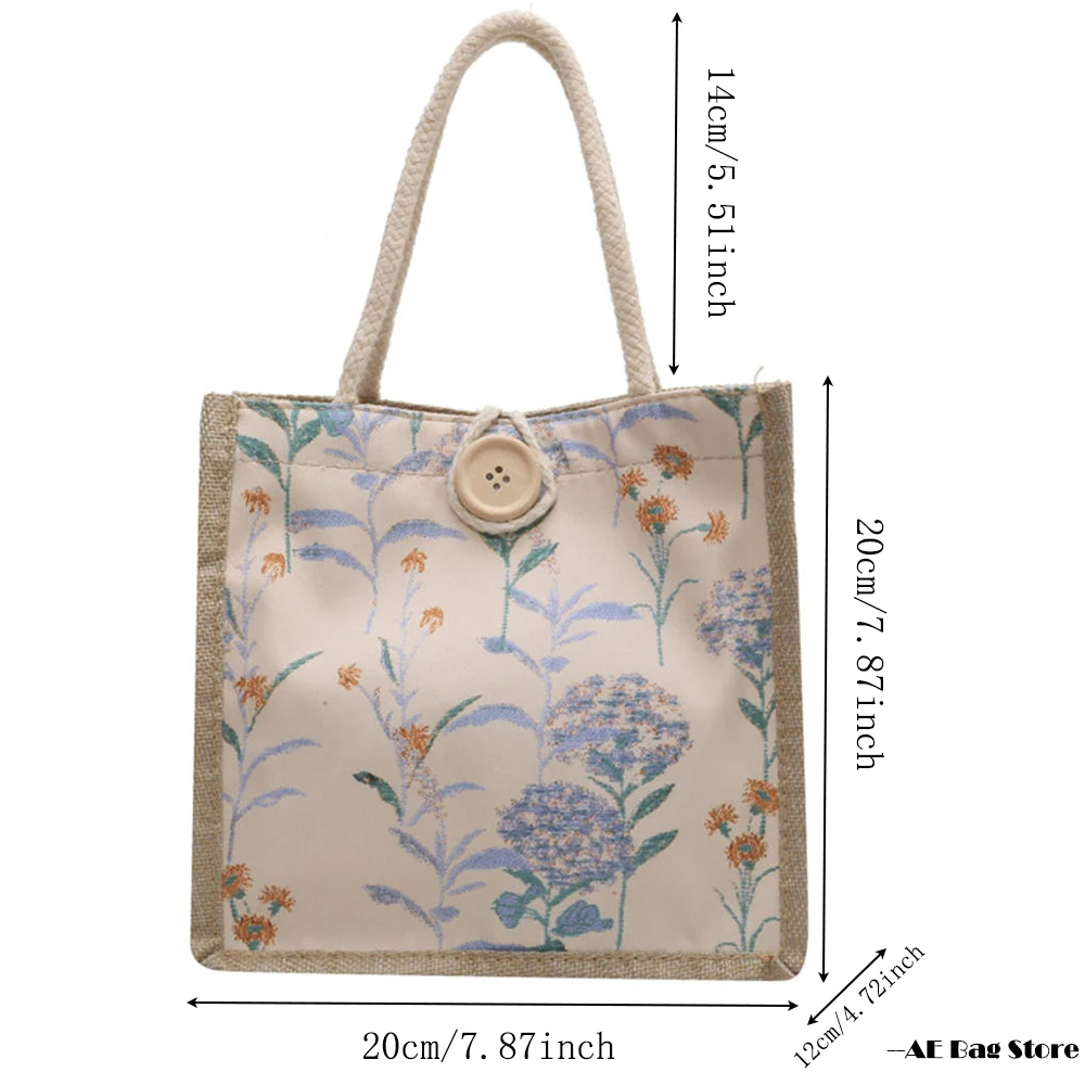 ISKYBOB-Bolso de mano de flores de estilo Pastoral de lino para mujer, bolso de mano ecológico informal con cremallera, bolsa pequeña portátil de almuerzo, bolsa de comestibles para regalo para niños