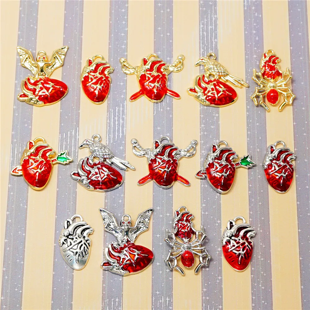 10/14PCS Halloween Anatomical Heart Charms Zinc Alloy Enamel Red Heart Pendants DIY Jewelry Making Findings Necklace Bracelet
