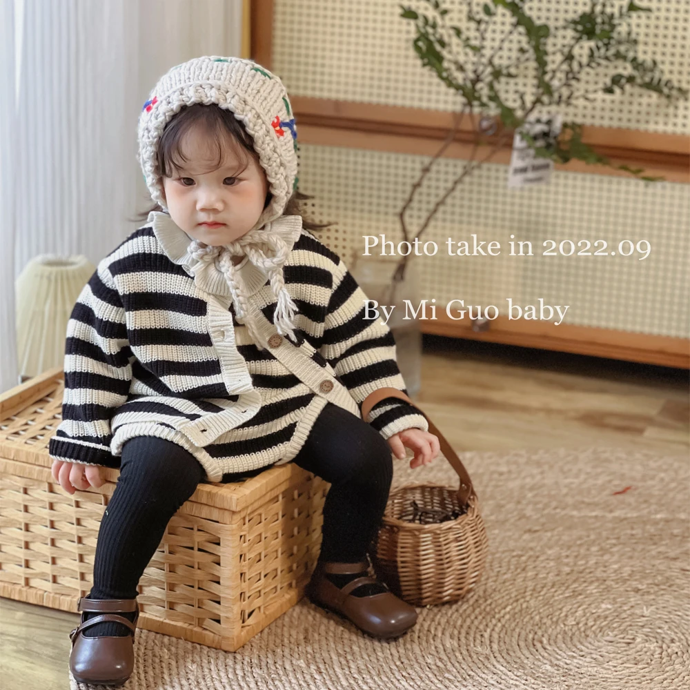 Autumn Outfit New Baby Boys And Girls Versatile Round Neck Striped Cotton Knit Sweater+Cardigan Jacket Two-Piece Set