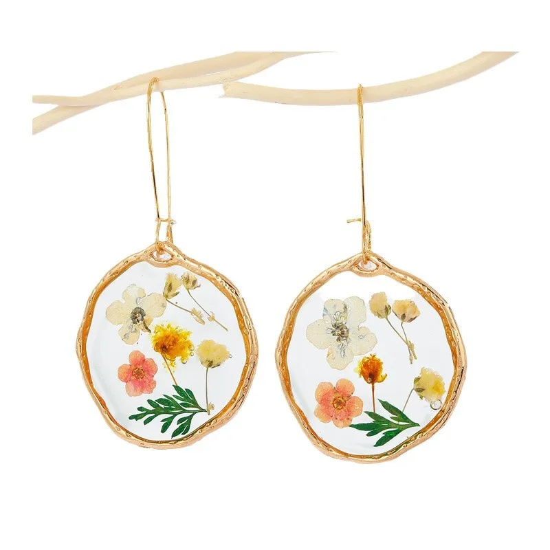 الرجعية شيك شفافة الراتنج الطبيعية المحفوظة زهرة الأقراط DIY بالتنقيط الراتنج إسقاط أقراط الأذن السنانير مجوهرات نسائية