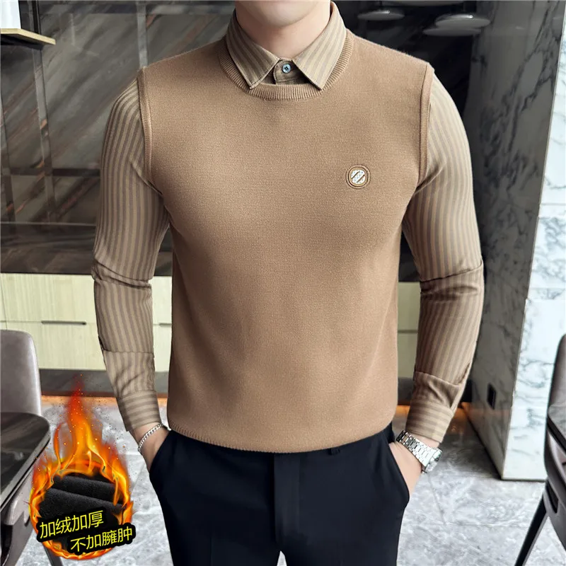 Fall Winter Men Thermal Extra Thick with Fleece Sweater. High Quality, Knit Sweater with Woven Shirt Collar and Knit Body