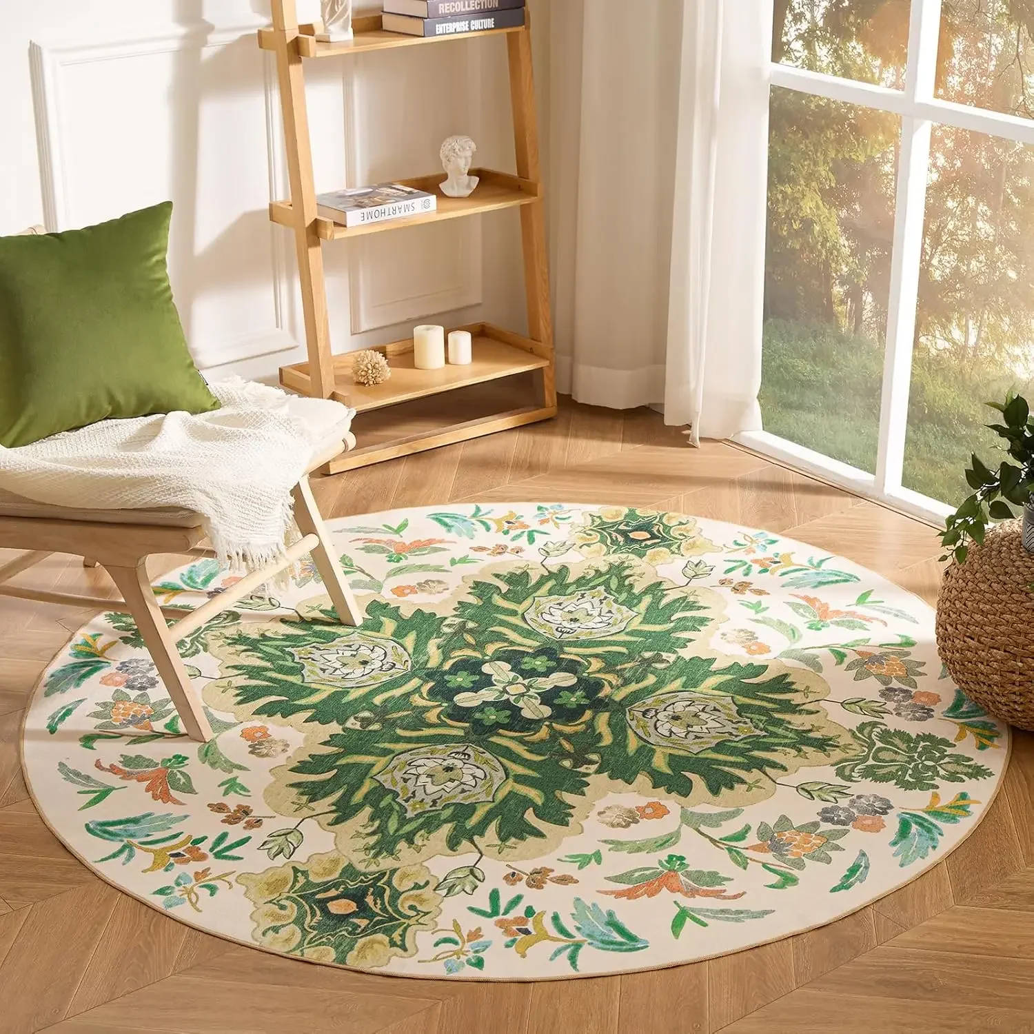 Vintage Boho Round Rug – Washable Non-Slip Floral Medallion Carpet for Living Room Bedroom Entryway Decor