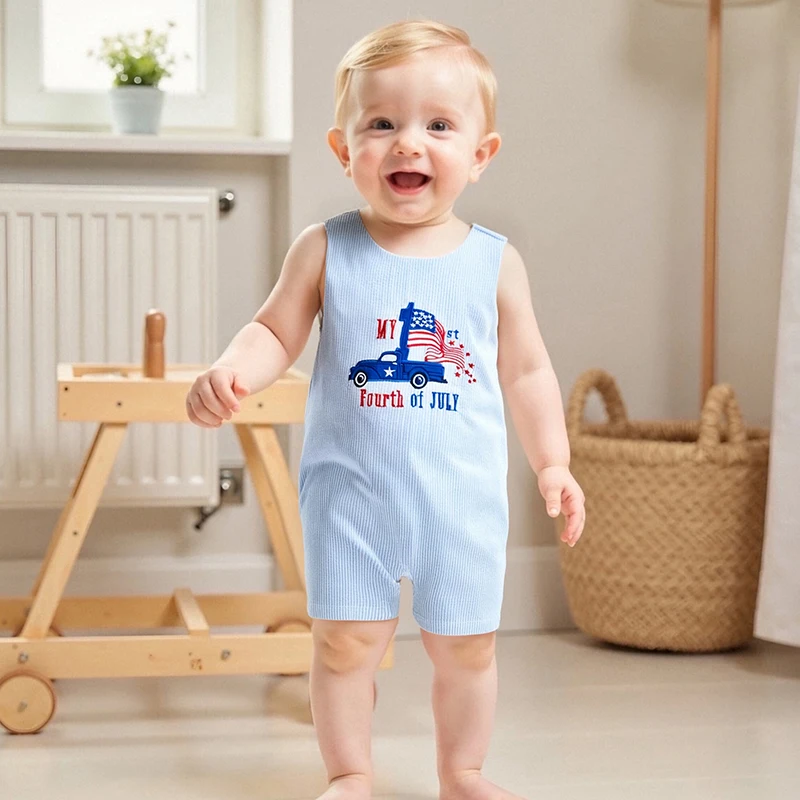 طفل رضيع 4th من يوليو رومبير وزرة سيارة التطريز شريط طباعة أكمام جولة الرقبة تانك بذلة #5