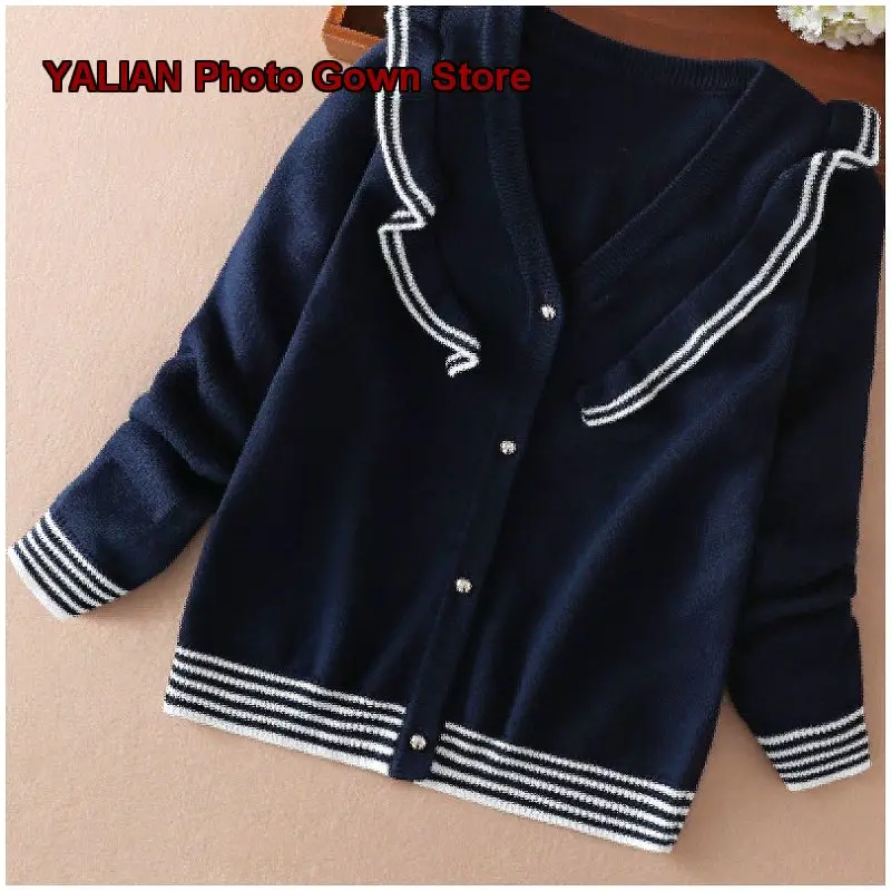 Girls V-Neck Knit Coat Bear Pattern College Style Spring 2026 Long Sleeves