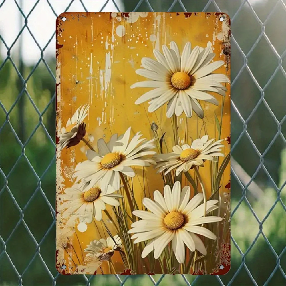 （2D Tin painting）Letrero Metálico Vintage con Diseño Gráfico de Margaritas Amarillas y Blancas sobre Fondo Dorado, Ideal para