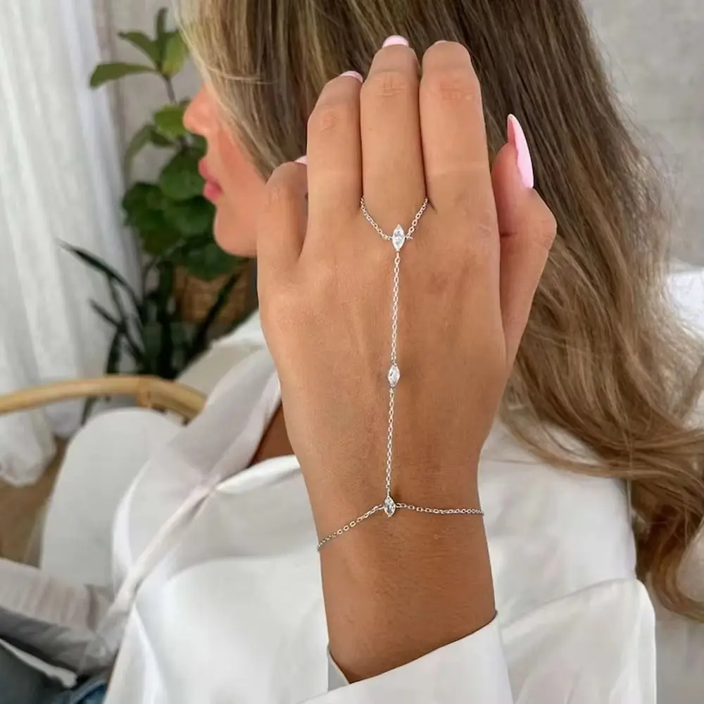 Rhombus Crystal Zircon Bracelet Hand Jewelry Stackable Finger Ring Hand Chain Women Simple Thin Chain Finger Bracelet Jewelry