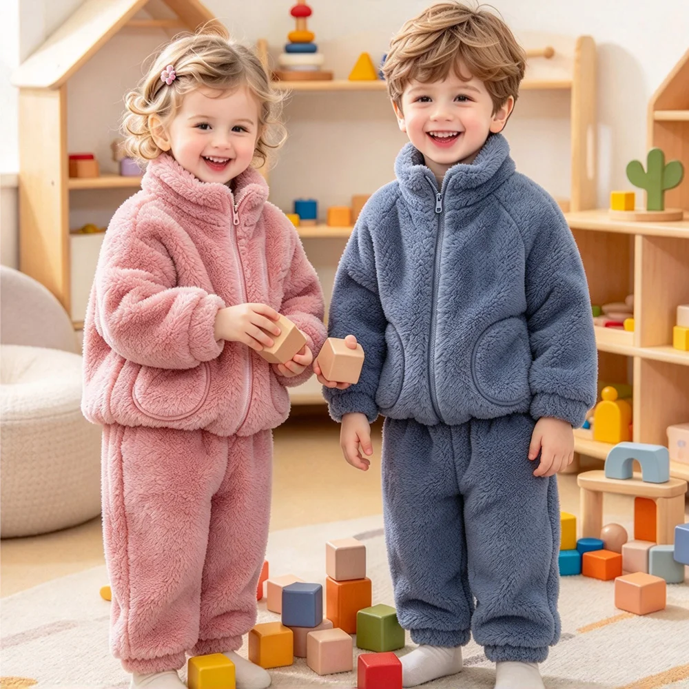 Boys Girls Outfits Kids Toddler Baby 1 2 3 4 5 6 Year Plush Winter Warm Zipper Coat and Pants Sets Pink Blue Children's Clothing