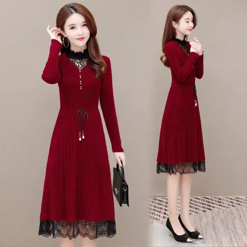 Vestido de gasa de encaje empalmado de manga larga para mujer, vestido de línea A, Cuello medio alto, elegante, Simple, moda de otoño e invierno, nuevo