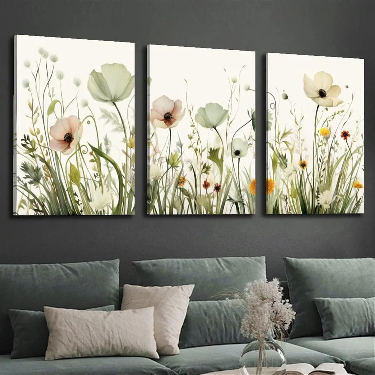 3pcs - Beautiful sage green spring wildflowers field grass flower theme canvas wall art painting clearance sale, 2 - Image 4
