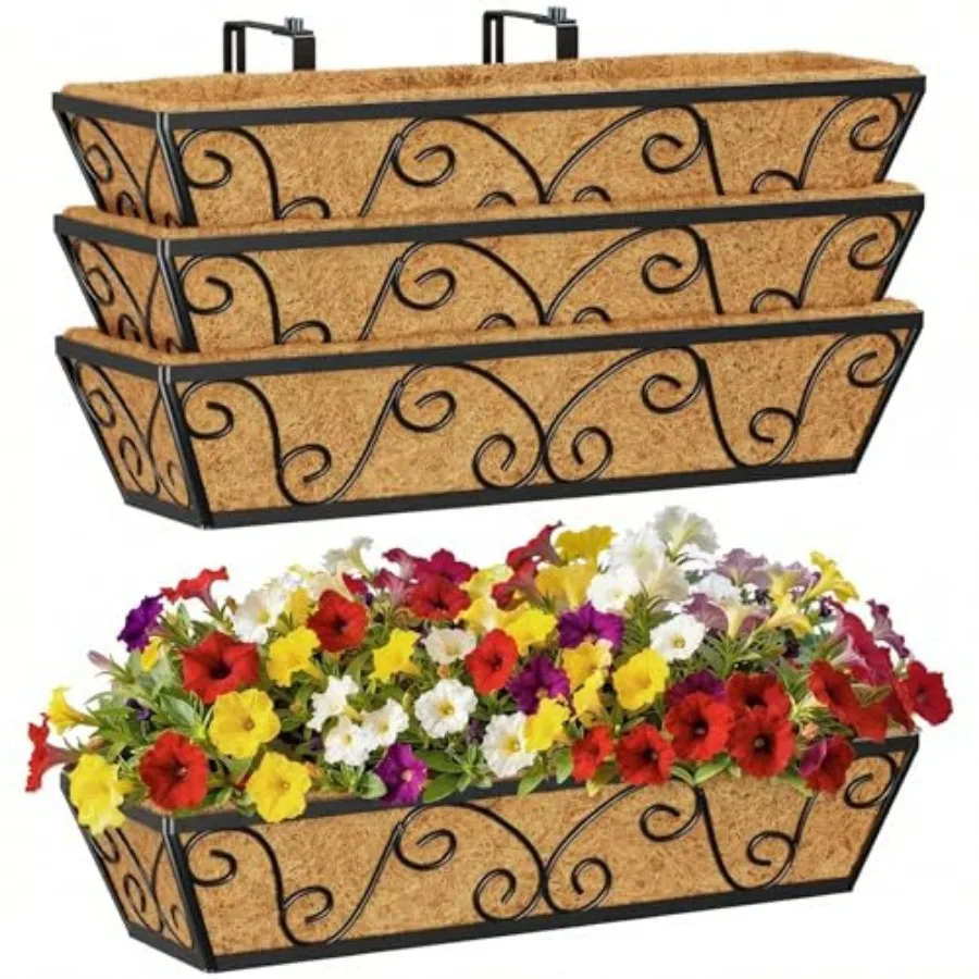 

4pcs 24 Inch Window Deck with Coco Liner 24" Window Boxes Horse Trough with Coconut Coir Liner Metal Hanging Flower Planter Win