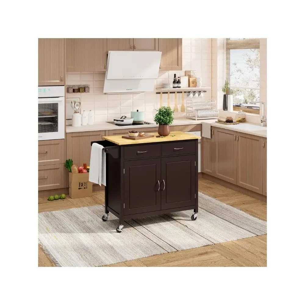 

Rolling Kitchen Island with Wood Top ＆ Storage Cabinet, 43 Inches, Brown