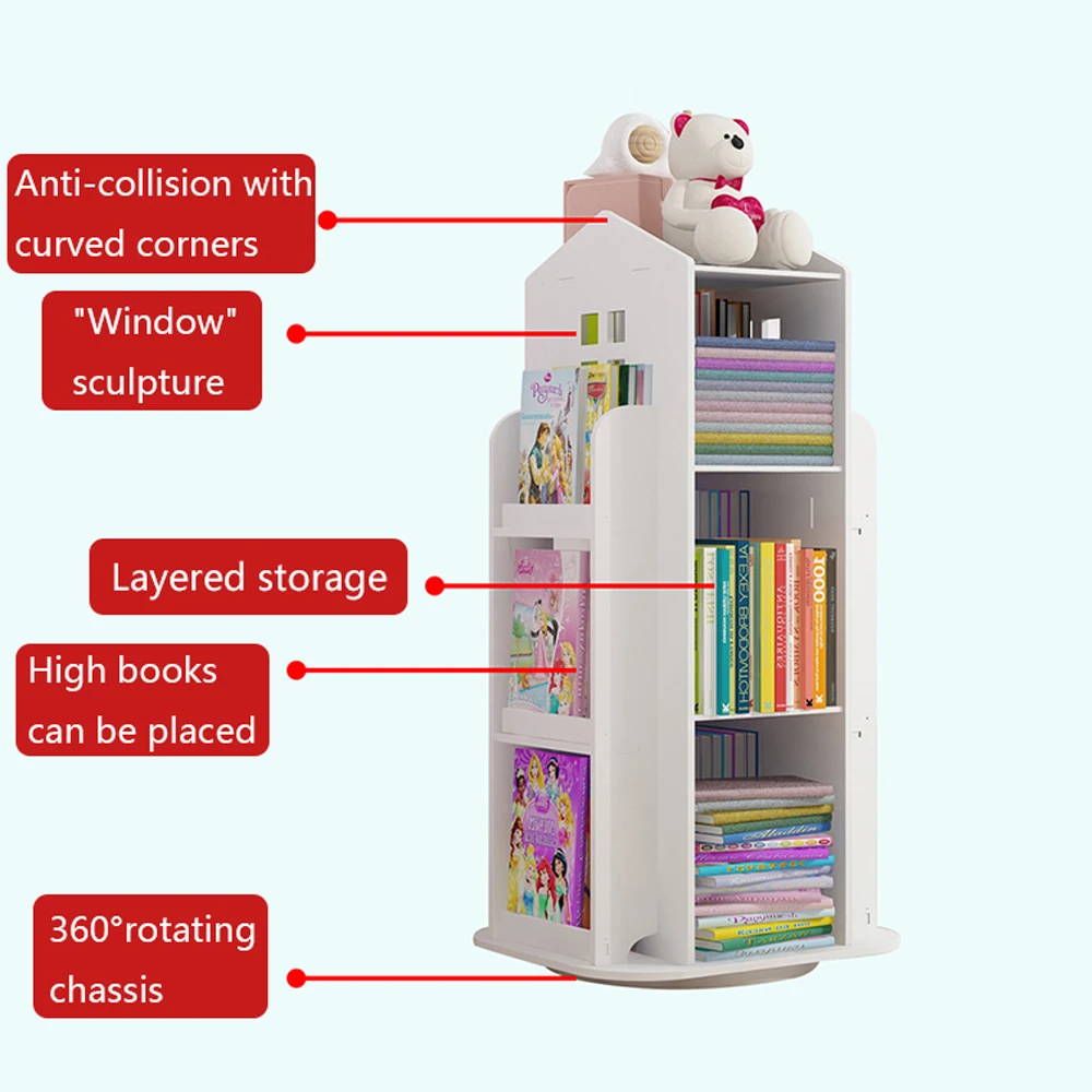 Children\'s Bookshelf 360° Rotating Cartoon Book Shelf Magazine Storage Rack Sundries Organizer Newspaper Bookcases Furniture