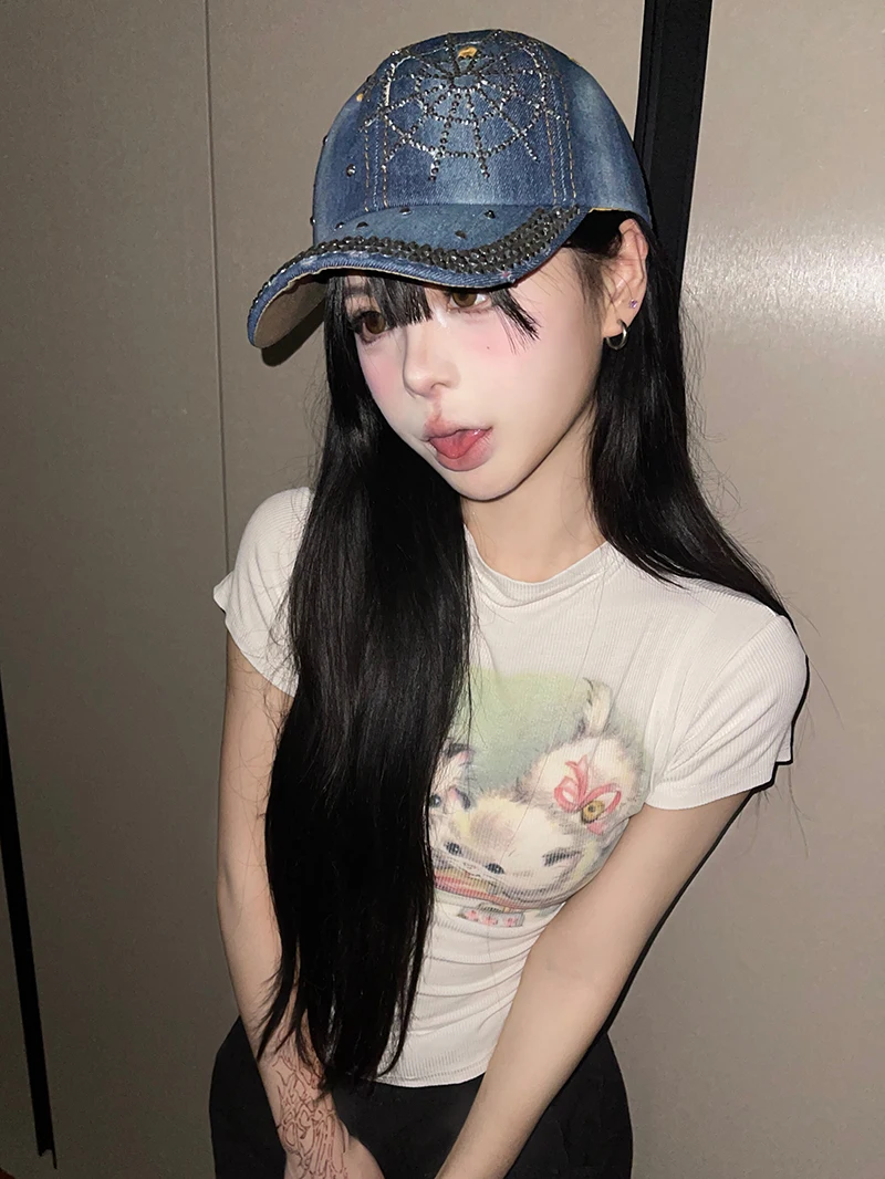 Bling Shiny Cute Peaked Cap Crooked Convex Asian Pen Spider Web Punk Blue Sequined Denim Baseball Cap