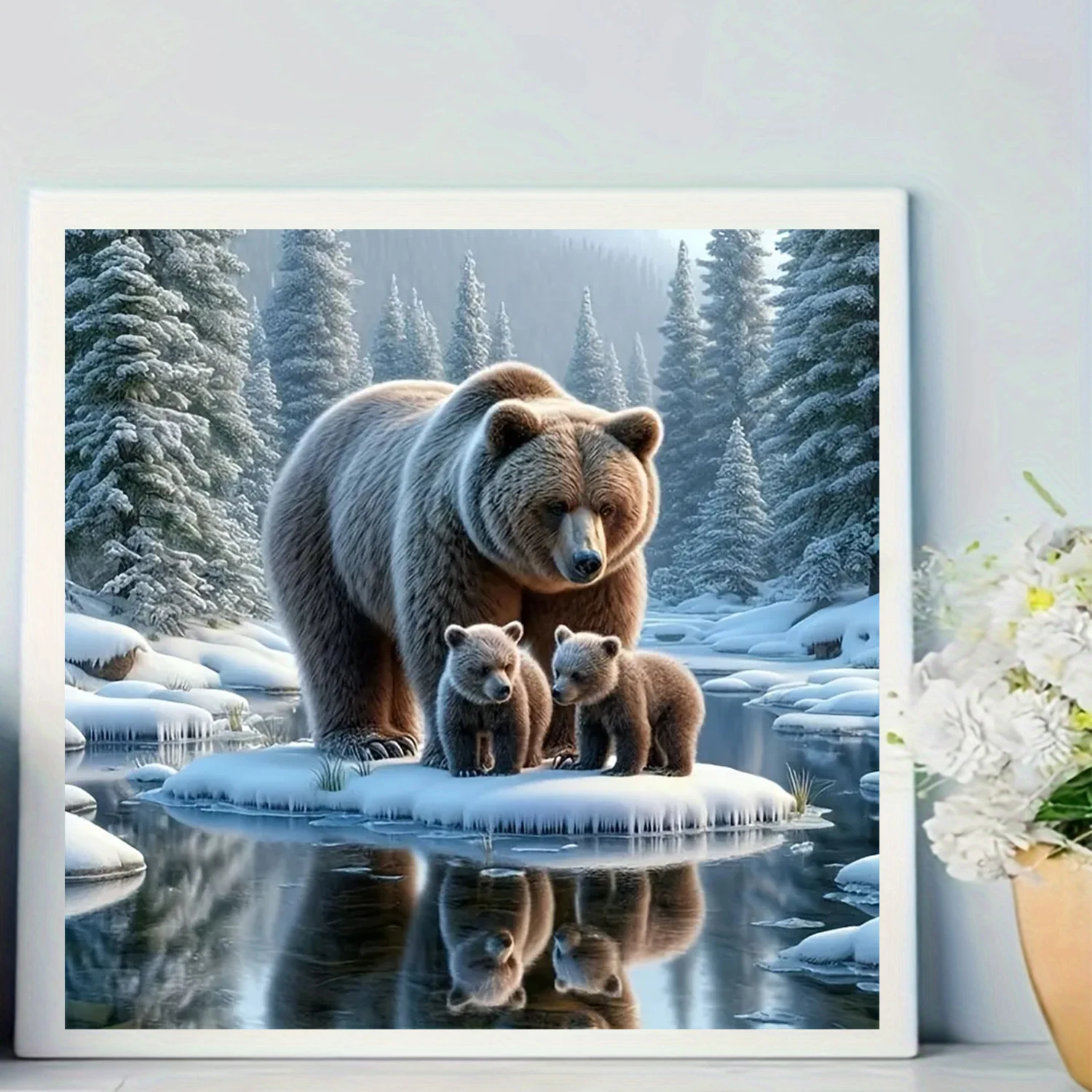 Braunbär im Schnee-Familienmuster-Diamant-Malerei-Set, rahmenlose Volldiamantkunst, mehrere Größen zur Auswahl