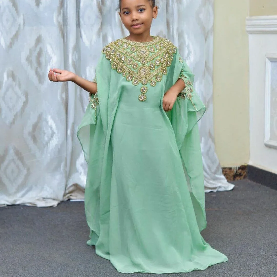 Girls Dress Kids Abaya Moroccan Caftan Kids Sea Green Georgette Dubai Kaftan