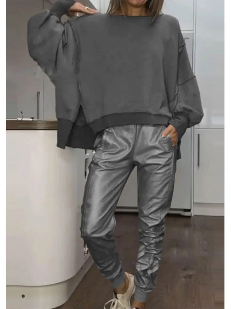 

Fashion Solid Sets For Women Casual Loose O Neck Pullover Tops+Long Pants Two Piece Outfits Woman Spring Autumn Womens Clothing