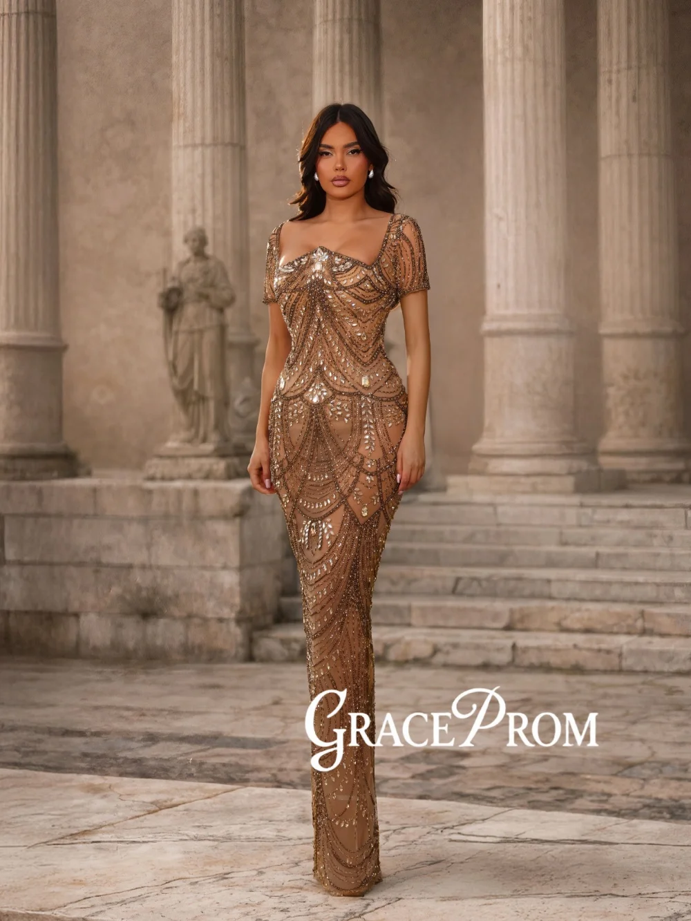 

Opulent Sparkly Beaded Evening Dress Stunning Short Sleeve Sheath Wedding Party Gowns Customized Elegant Long Banquet Gowns