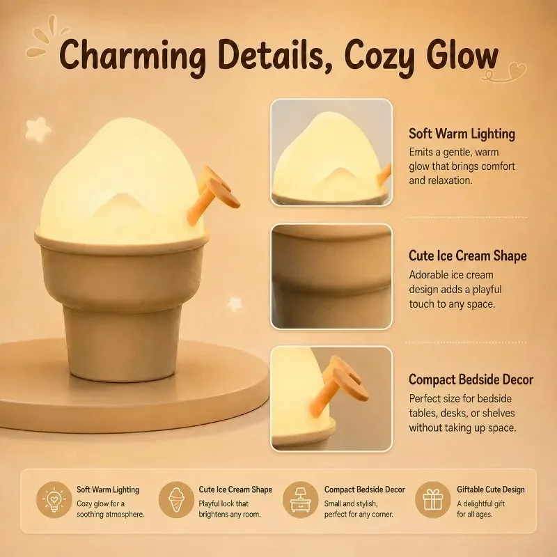 Cream Ice  That Creates A Sleeping Atmosphere  Lightly Touched with Creative Night Lights  Soft Light Sensing  Cute Decorations