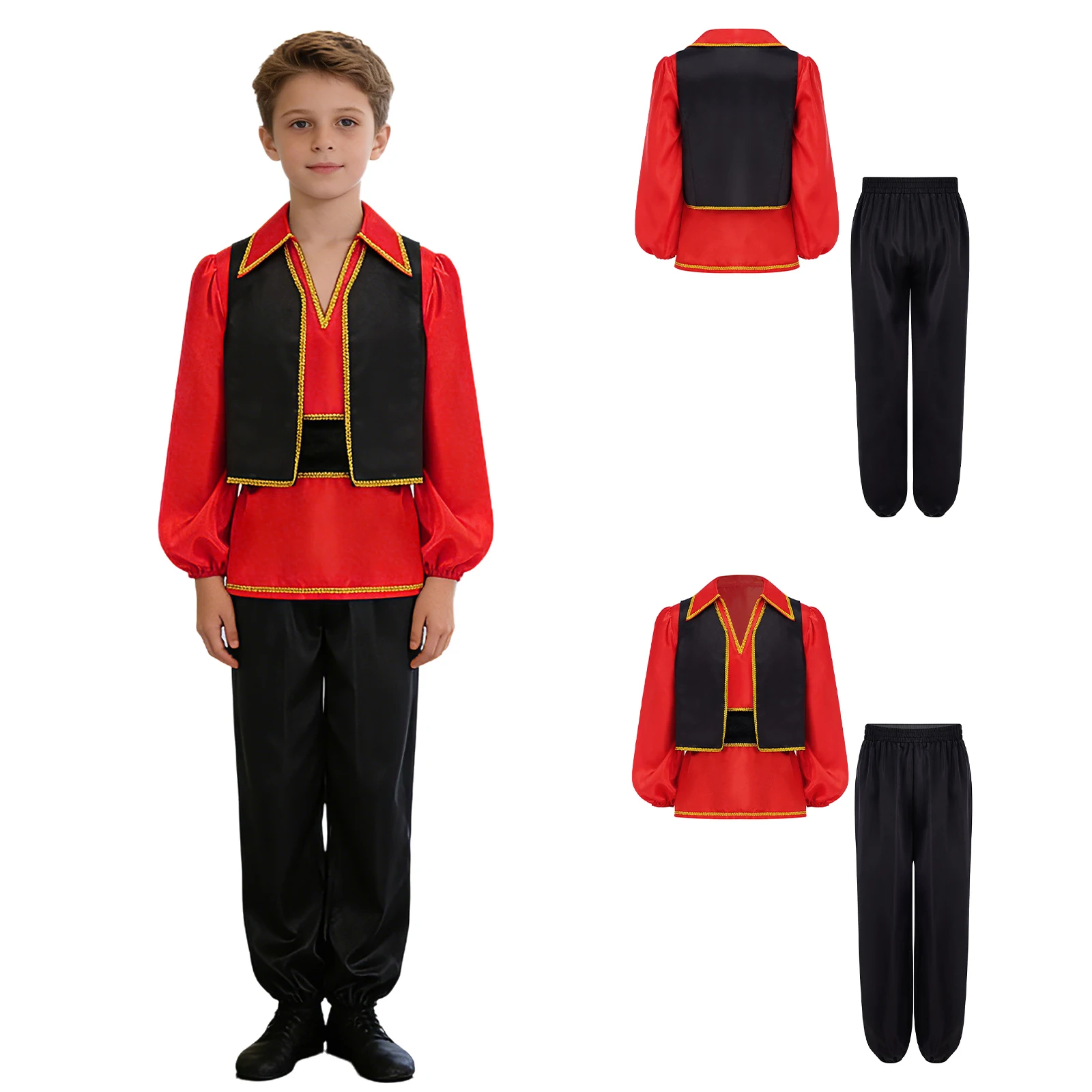 Kids Boys Flamenco Disco Dance Modern Jazz Latin Figure Skating Dancewear Outfit Long Puff Sleeve Shirt with Belt Pants Costume