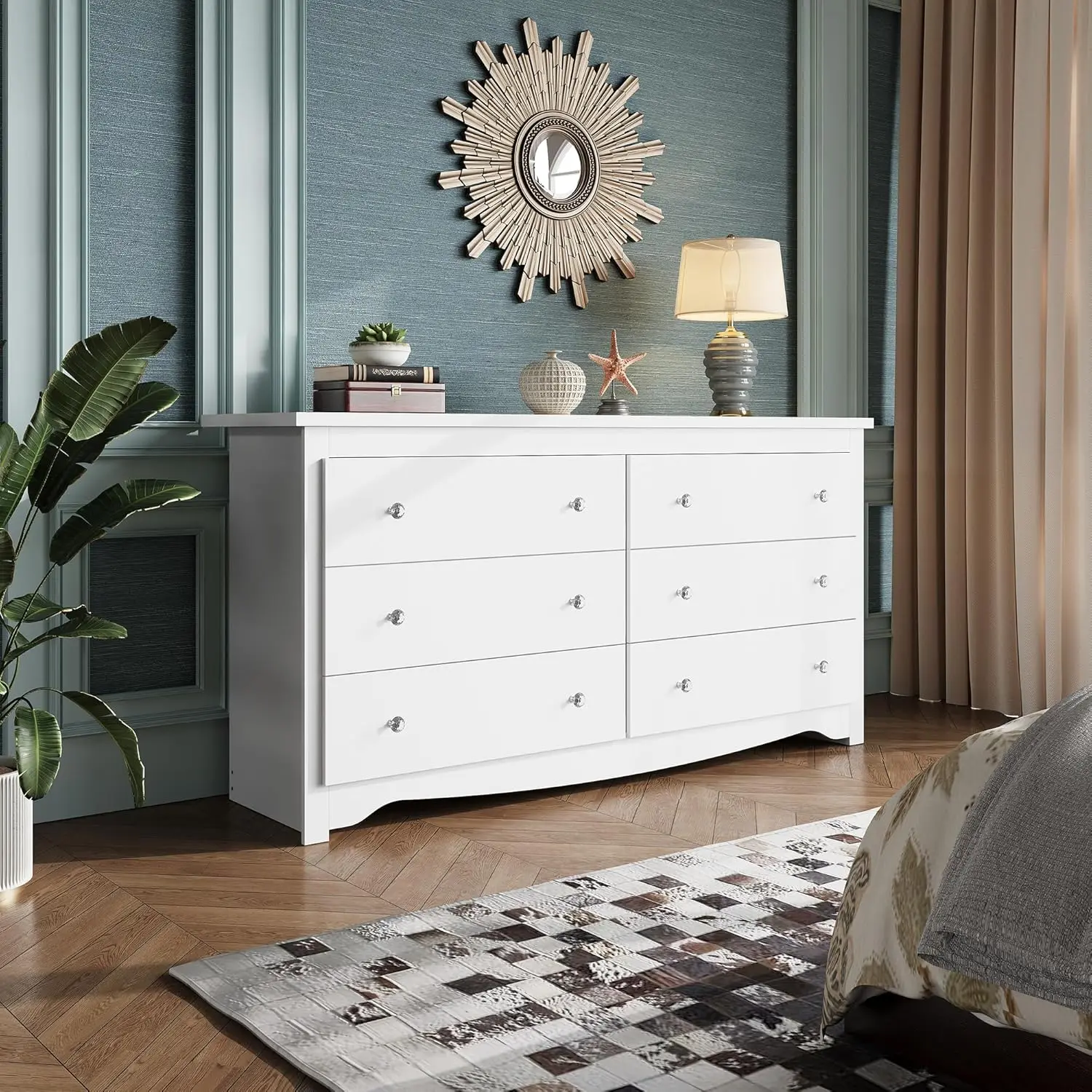 Wood White Dresser with 6 Drawer, Wide Chest of Drawers for Bedroom, Long Nightstand with Drawers, Modern Large Storage To