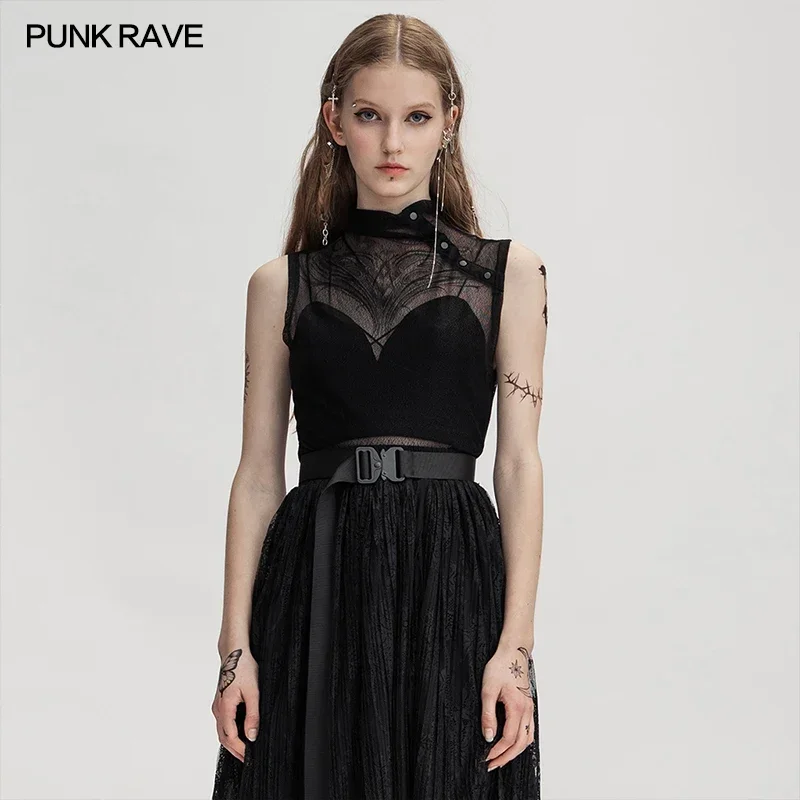 PUNK RAVE Women\'s Gothic Free A Series Elastic Mesh High Neck Vest Daily Wear Slim Fit Perspective Snowflake Knitted Top