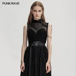 PUNK RAVE Women's Gothic Free A Series Elastic Mesh High Neck Vest Daily Wear Slim Fit Perspective Snowflake Knitted Top