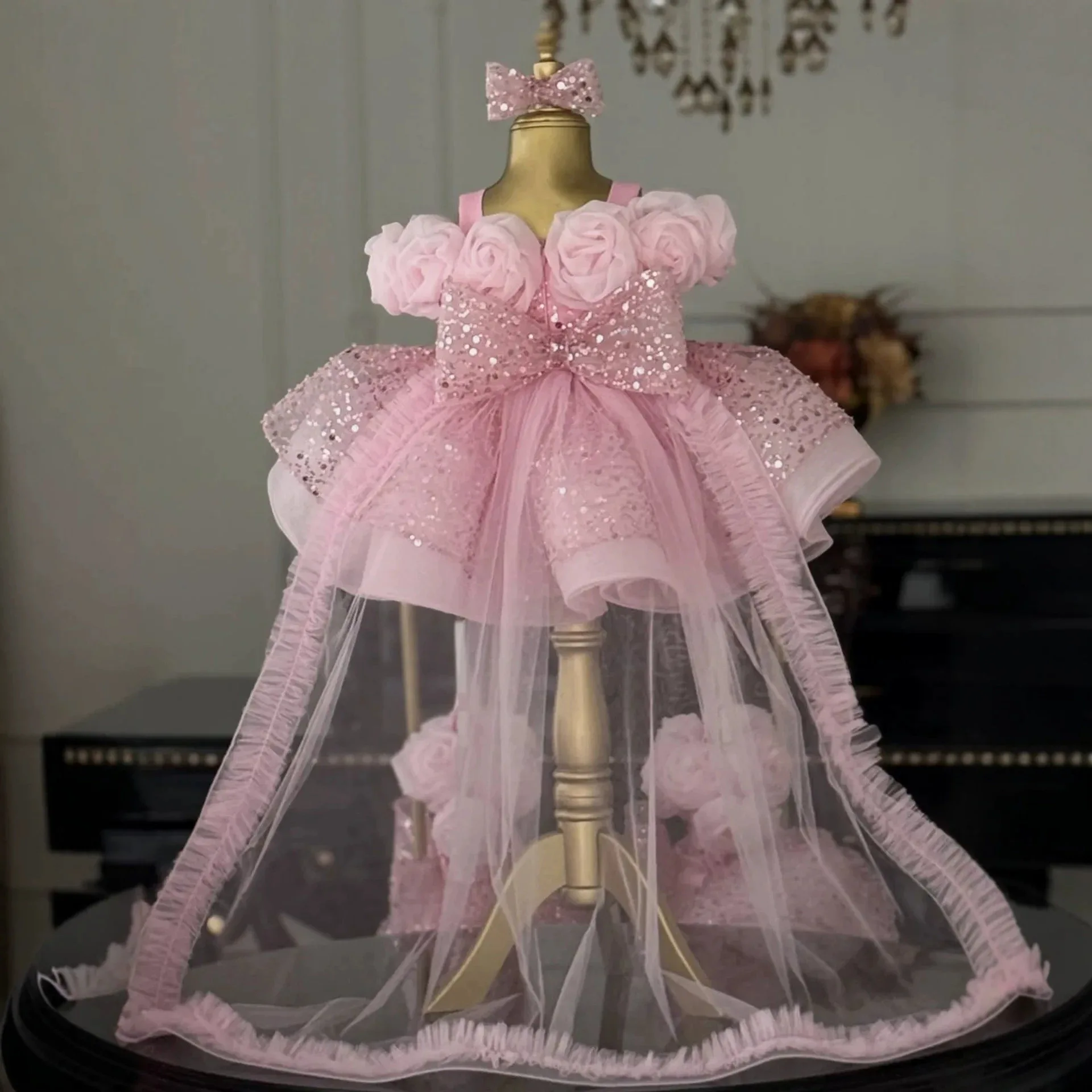 Jill Wish M081 Luxury Pink Sequin Flower Girl Dress with 3D Rose Off-Shoulder Neckline, Puffy Tulle Princess Birthday Party