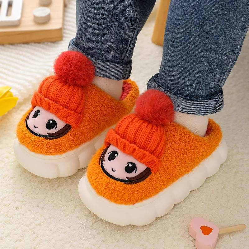 Cartoon Knitted Hat On Children Cotton Slipper Family Home Winter Indoor Casual Non-slip Soft Sole Plush Shoe Baby Girl Footwear