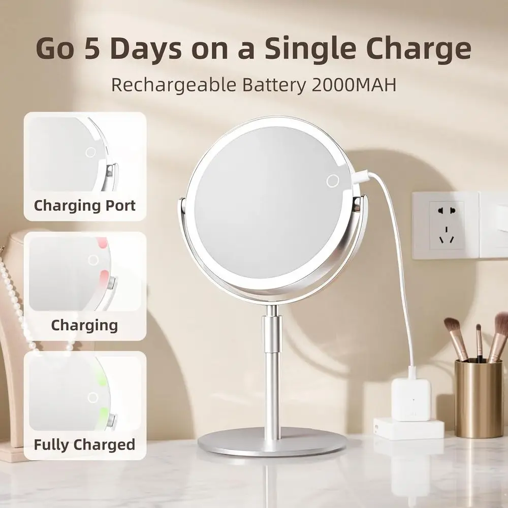 8 مرآة زينة مضيئة مزدوجة الجوانب، تكبير 1X/10X، سطوع قابل للتعديل، قابلة لإعادة الشحن، قابلة للدوران والارتفاع #5