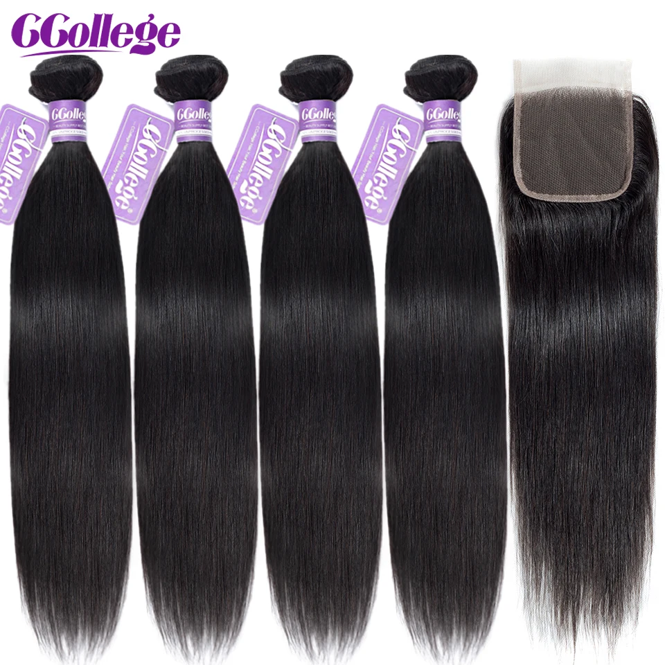 CCollege Straight Hair Bundles With Closure Brazilian Remy Human Hair Extension 3/4 Bundles With Medium Brown Swiss Lace Closure