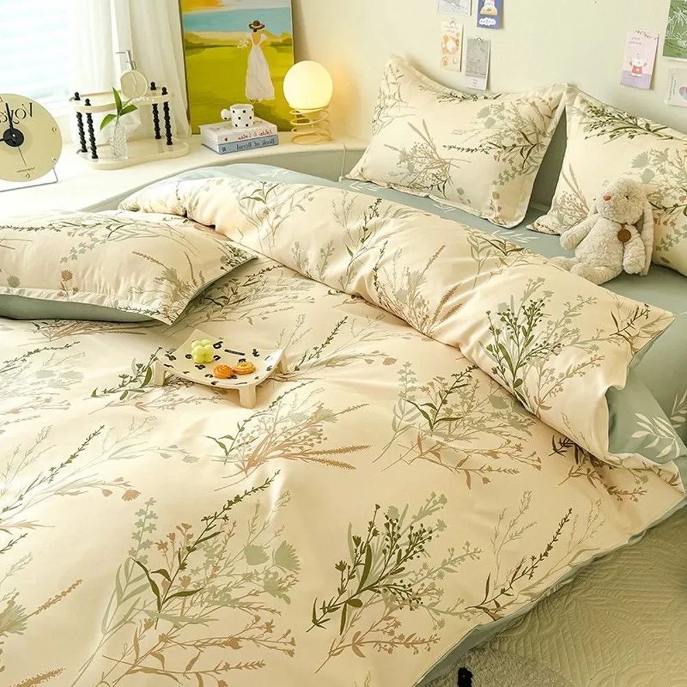 Set Seprai Bunga Krim Tanpa Pengisi Bersirkulasi Hijau Ins Ganda Ukuran Queen Penutup Selimut Penghibur Seprai Datar Sarung Bantal Seprai