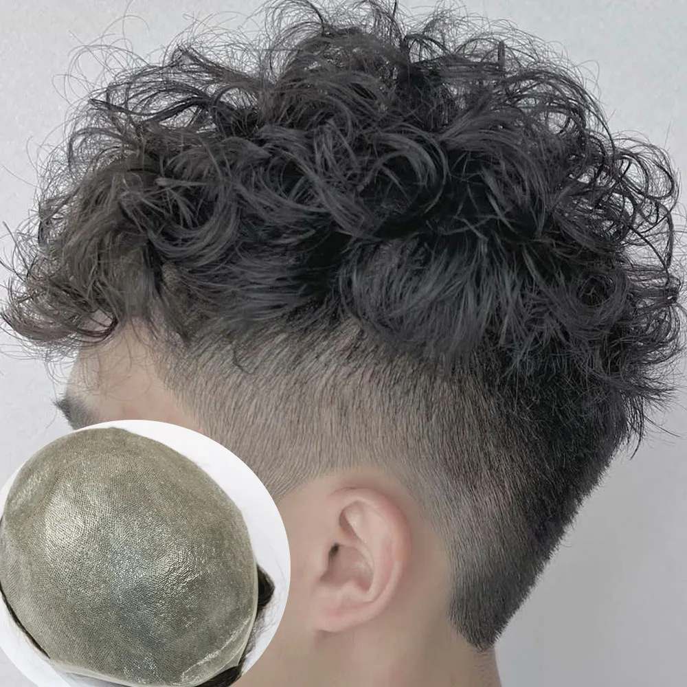 

0,02 мм Ультратонкая кожа 25 мм Вьющиеся Супер натуральные волосы 80% Плотность Мужской парик Необнаружимый Vloop Мужской парик Коричневые Черные человеческие волосы