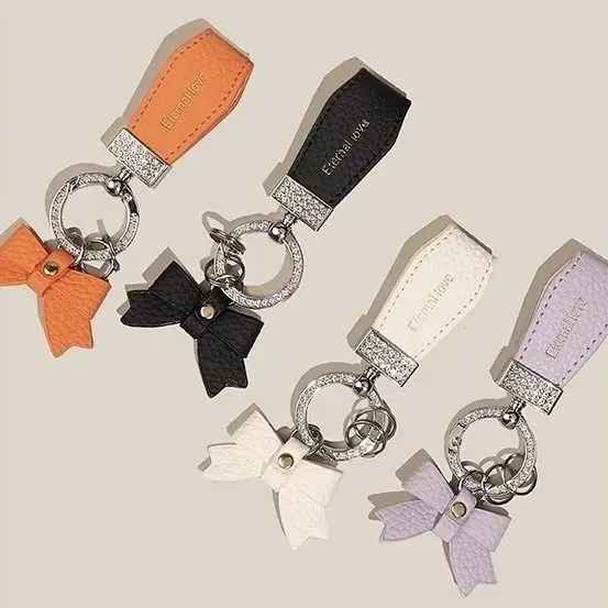 Litchi Pattern Bow Car Keychain Exquisite Women Couple Key Ring Pendant Accessory