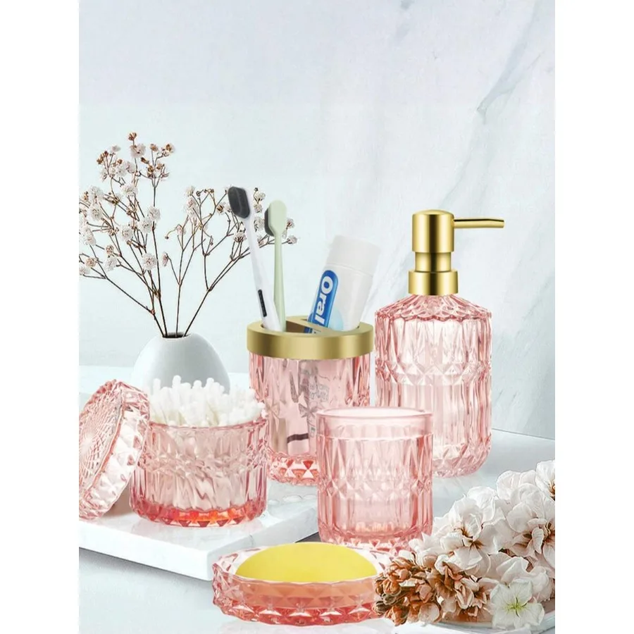 

Glass Bathroom Accessories Set - 5Pcs Toothbrush Holder Set With Tumbler, Soap Dish and Cotton Swab Jar - Black And Clear Bathr