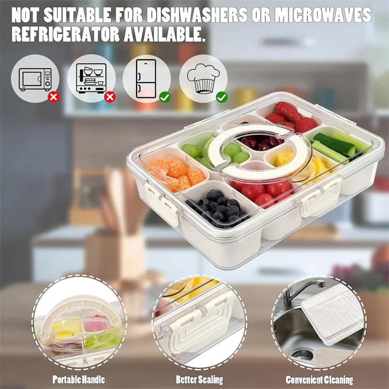 8 Compartment Snack Organizer Divided Dinner Plate with Lid and Handle Portable Snack Container Candy Organizer Fruit Plate