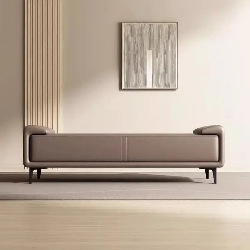 Banco largo de cuero minimalista estilo Wabi Sabi, con reposabrazos curvos, asiento acolchado y grueso, ideal para dormitorio, sofá de cabecera, otomana para cambiarse los zapatos.