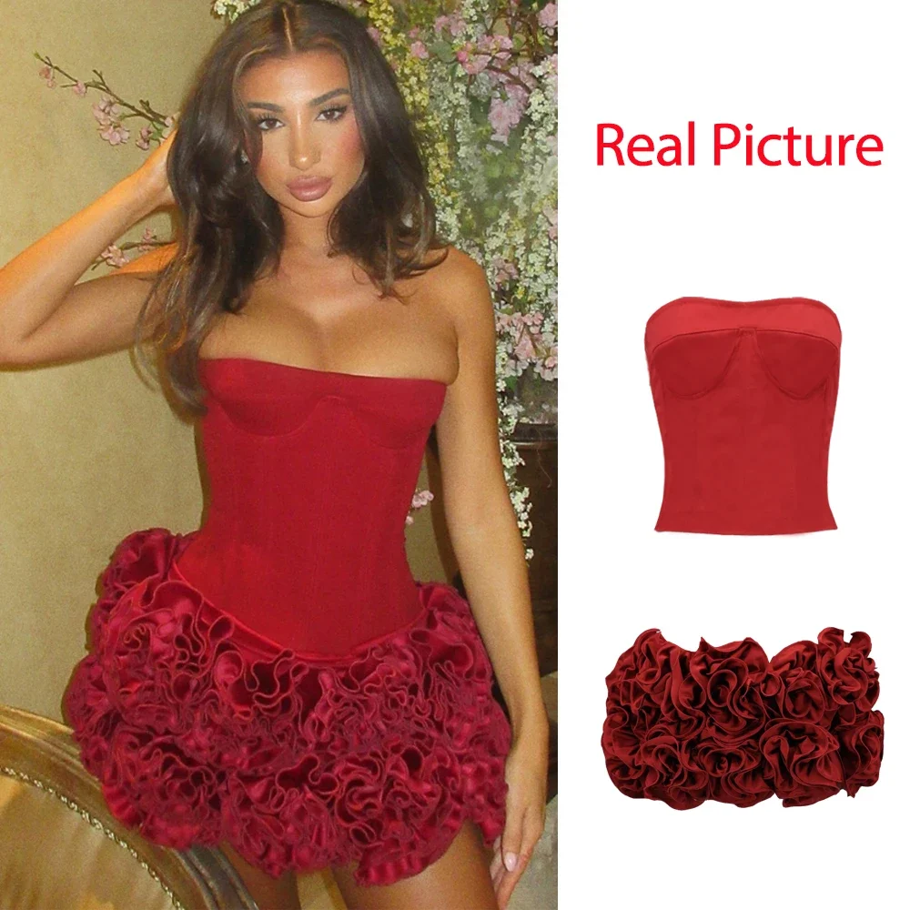 Mingmingxi Winter Strapless Sexy Cocktail Dress 2024 New Year Party Dresses Women 2024 Luxury Red Mini Lace Up Elegant Dress - Image 5