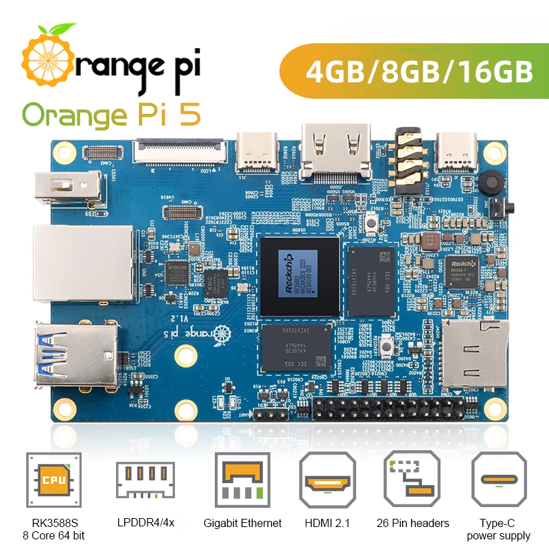 Orange Pi 5 RK3588S 8 Core 64-bit 4G / 8G / 16G RAM LPDDR4/4x Support 8K Video Codec Optional Power Supply Case Fan Heatsink