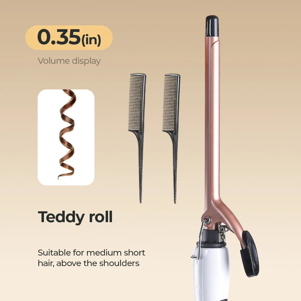 1Pc 9MM Slim Curling Wand Hair Curler With 2Pcs Rat‑Tail Combs, Fast Heating 4 Temp Adjustment, Long Lasting Teddy Wool Curls S