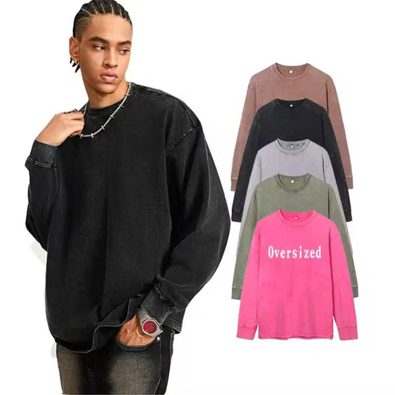 230 Grams Retro Acid-Washed Batik Long-Sleeved T-Shirt for Men, 100% Pure Cotton, Extra Large Size, Washed and Customized Print