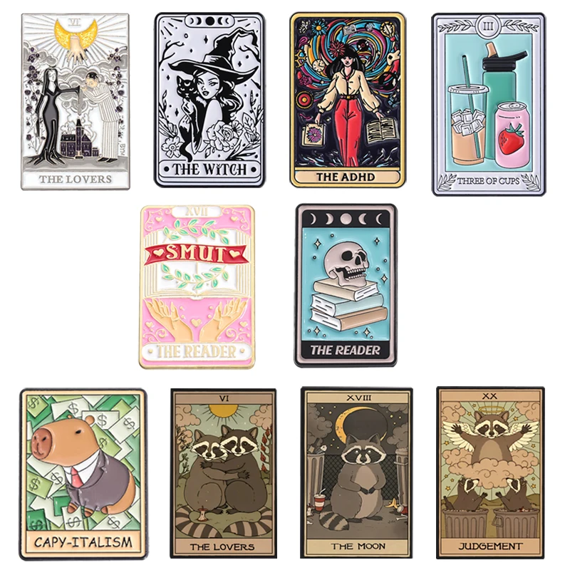 Alfileres esmaltados de cartas de Tarot, The Lovers The Reader The Moon The Judgment Three Of Cups, broche de Metal, insignia de solapa, regalos de joyería de moda