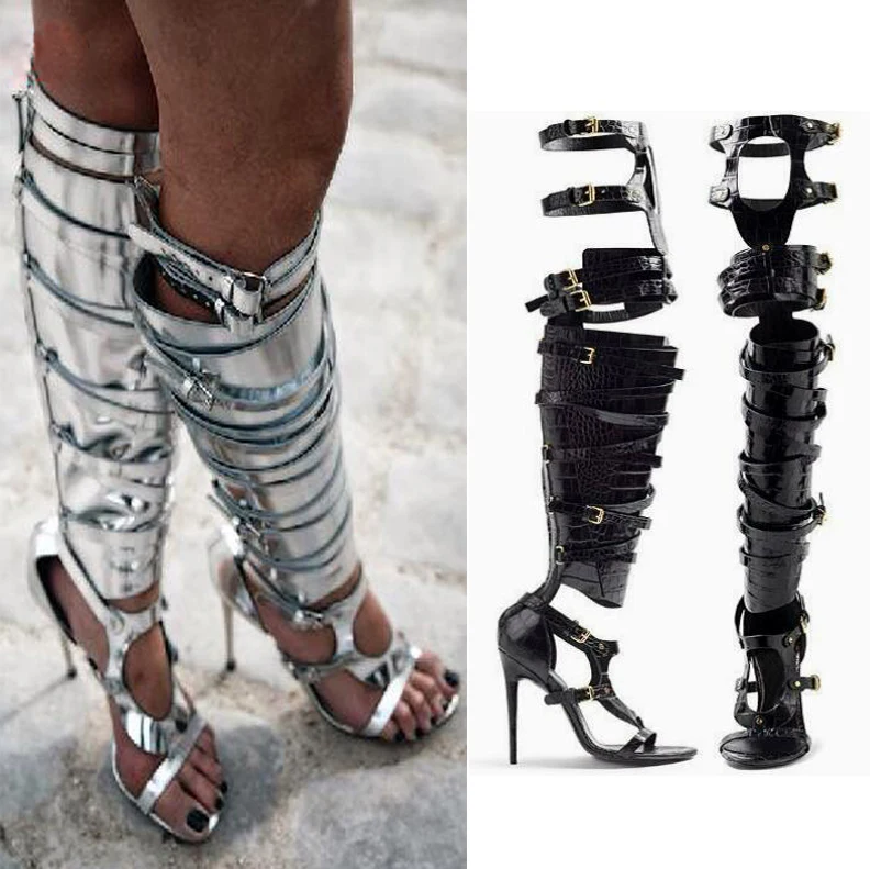 Pink Silver Gold Strap Buckle Fasten Summer Thigh Boots Open Toe Stilettos High Heel Over Knee Strappy Sandals Botas Shoes Women