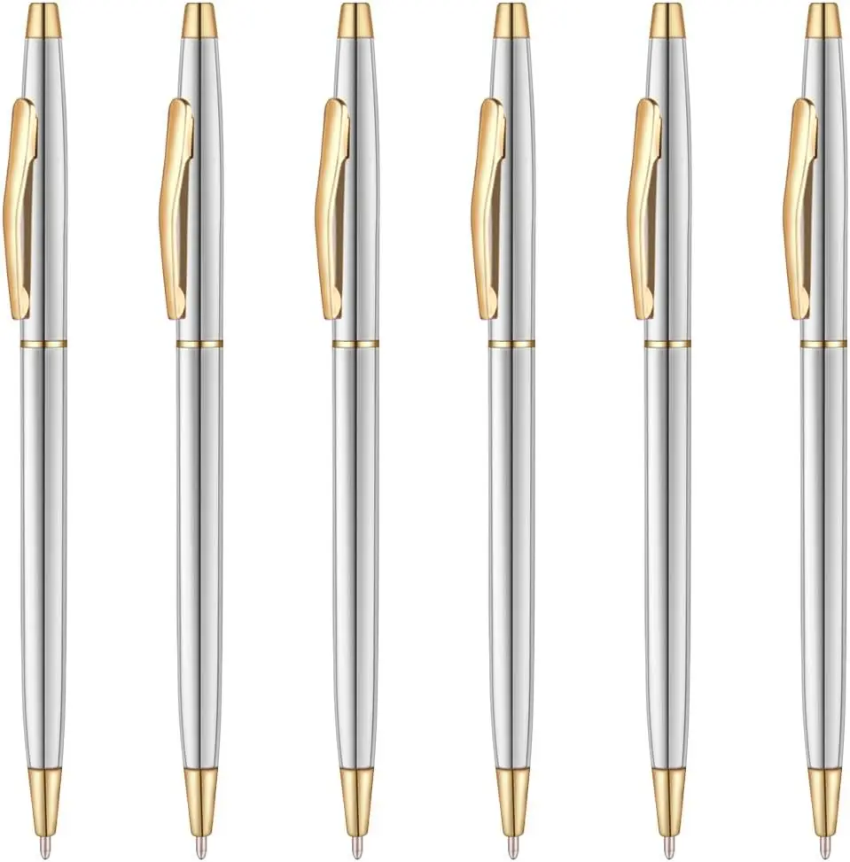 6 Pcs Steel & Gold Stainless Steel Ballpoint Pens Black Ink Medium Point Slim Metallic Retractable Twist Pens Nice Gift