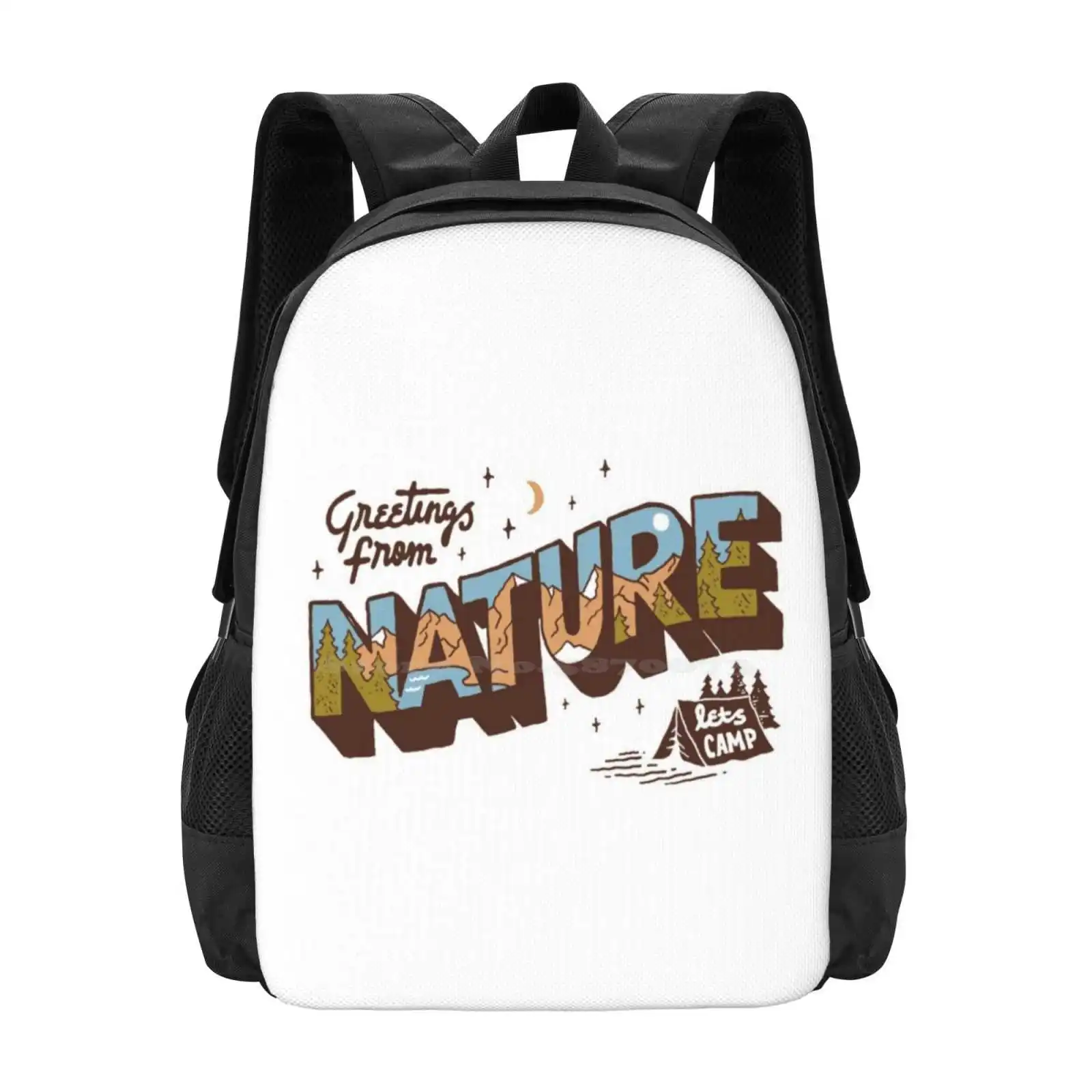 Nature Greetings Fashion Pattern Design Travel Laptop School Backpack Bag Nature Outdoor Typography Lettering Camp Mountains