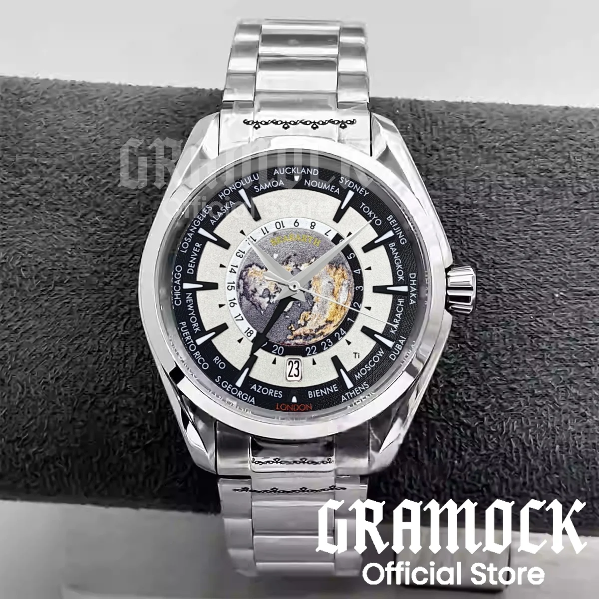 Gramock 40mm World Time GMT Zone Map Men's 6 O'clock Date Automatic Watch NH34A Mechanical Diving Wristwatch Steel/Rubber Strap