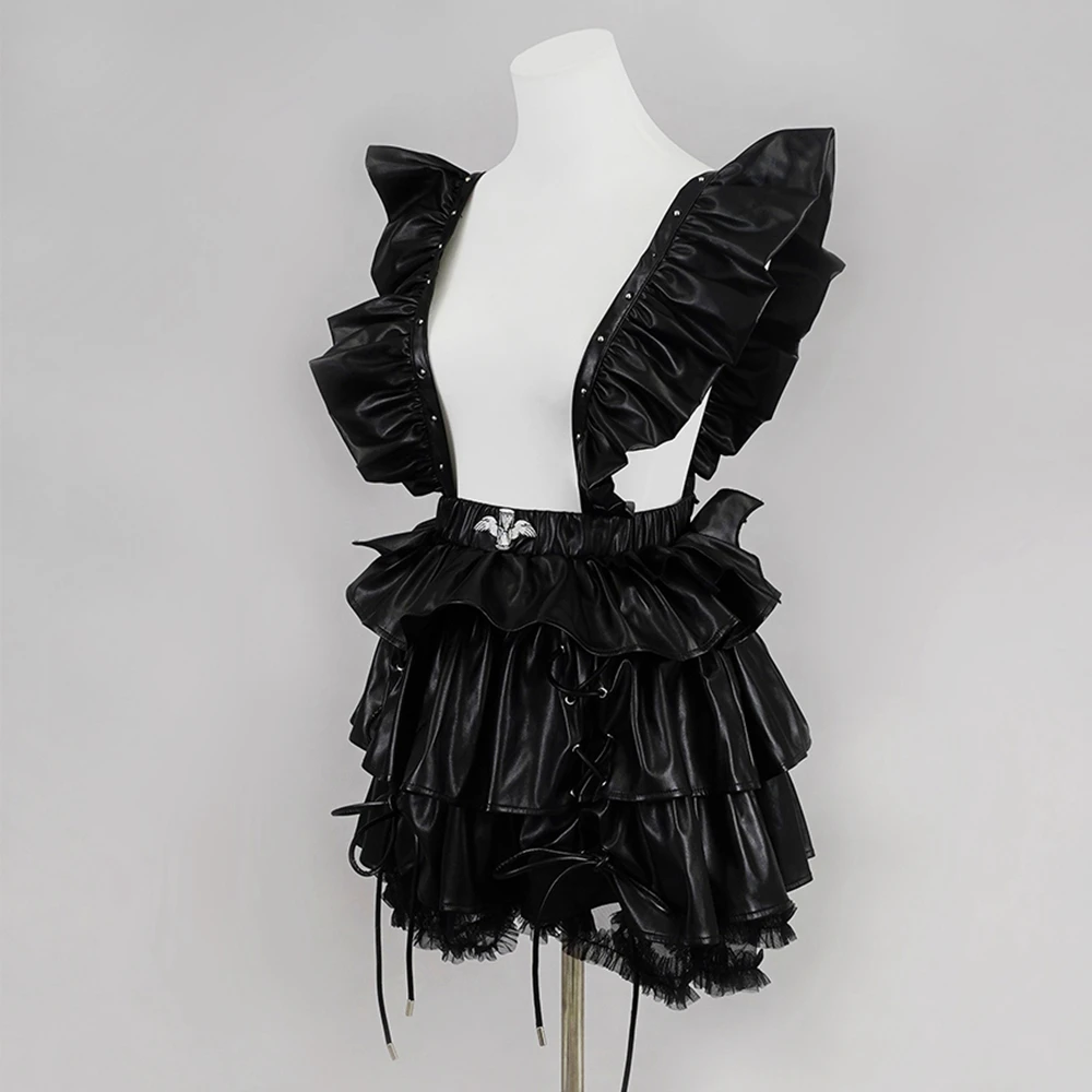 

Japanese Subculture Dark Goth Y2k Rivet Strap Skirt Ladies Autumn Winter Cosplay PU Leather Splicing Cascade Black Skirts Women