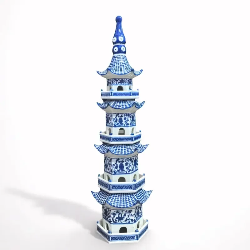 Blue and White Ceramic Pagoda Statue Oriental Chinese Porcelain Decoration New Design Home Ornament Traditional Tower